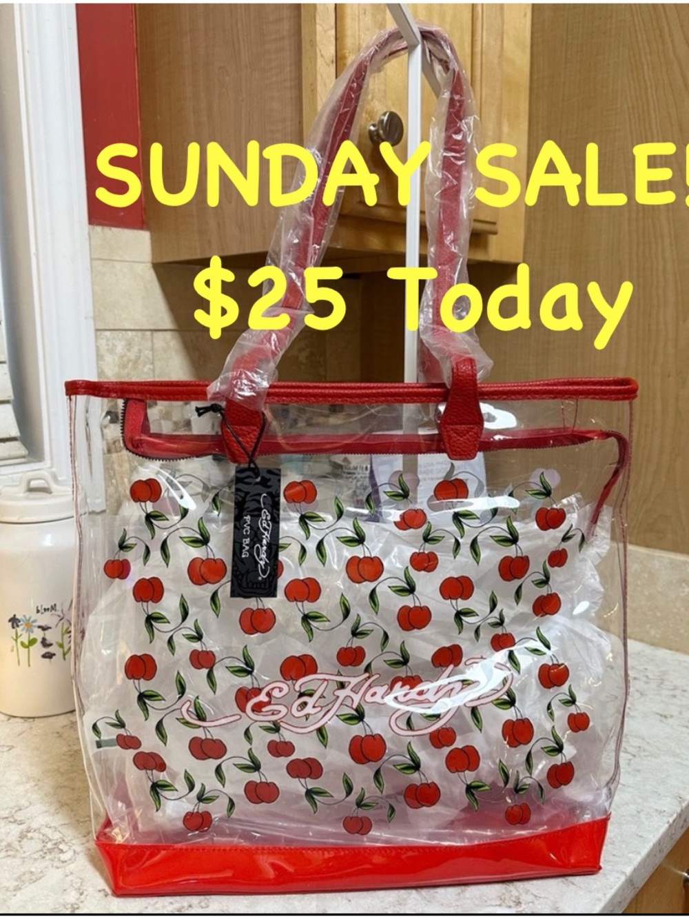 SUNDAY SALE $25 TODAY ONLY! Hardy Cherry Print Clear PVC Tote Bag, NEW WITH TAG